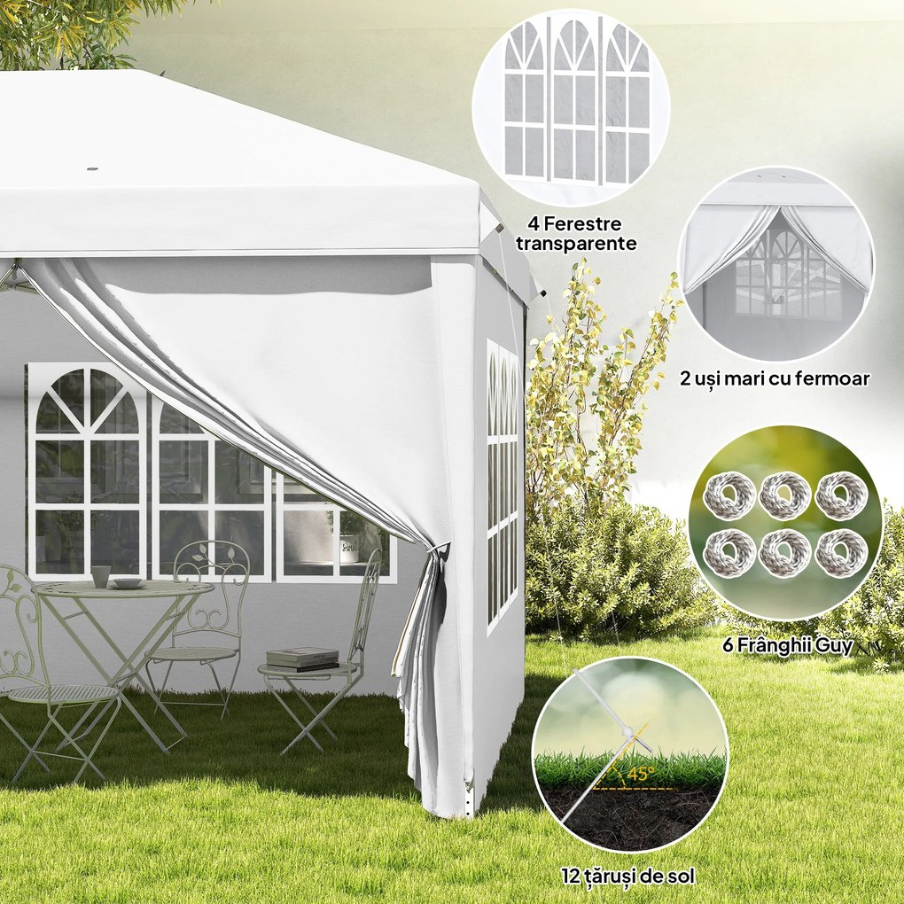 Outsunny Cort 6x3 m pliabil din otel si material Oxford, cort pentru gradina cu 6 pereti laterali, franghii si carlige, alb