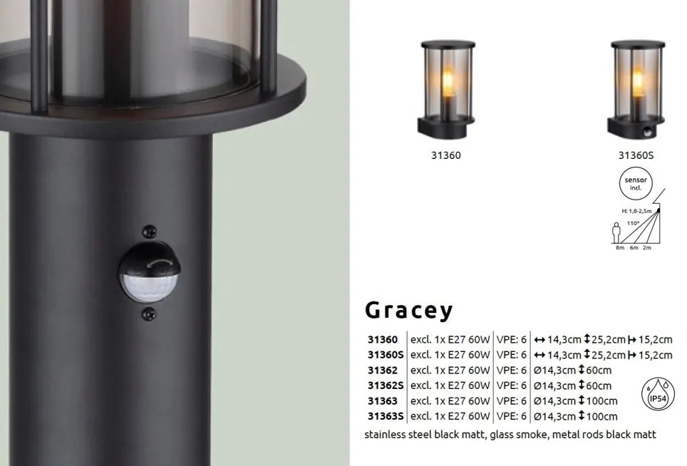 Aplica de perete pentru exterior cu senzor de miscare design modern IP54 Gracey negru