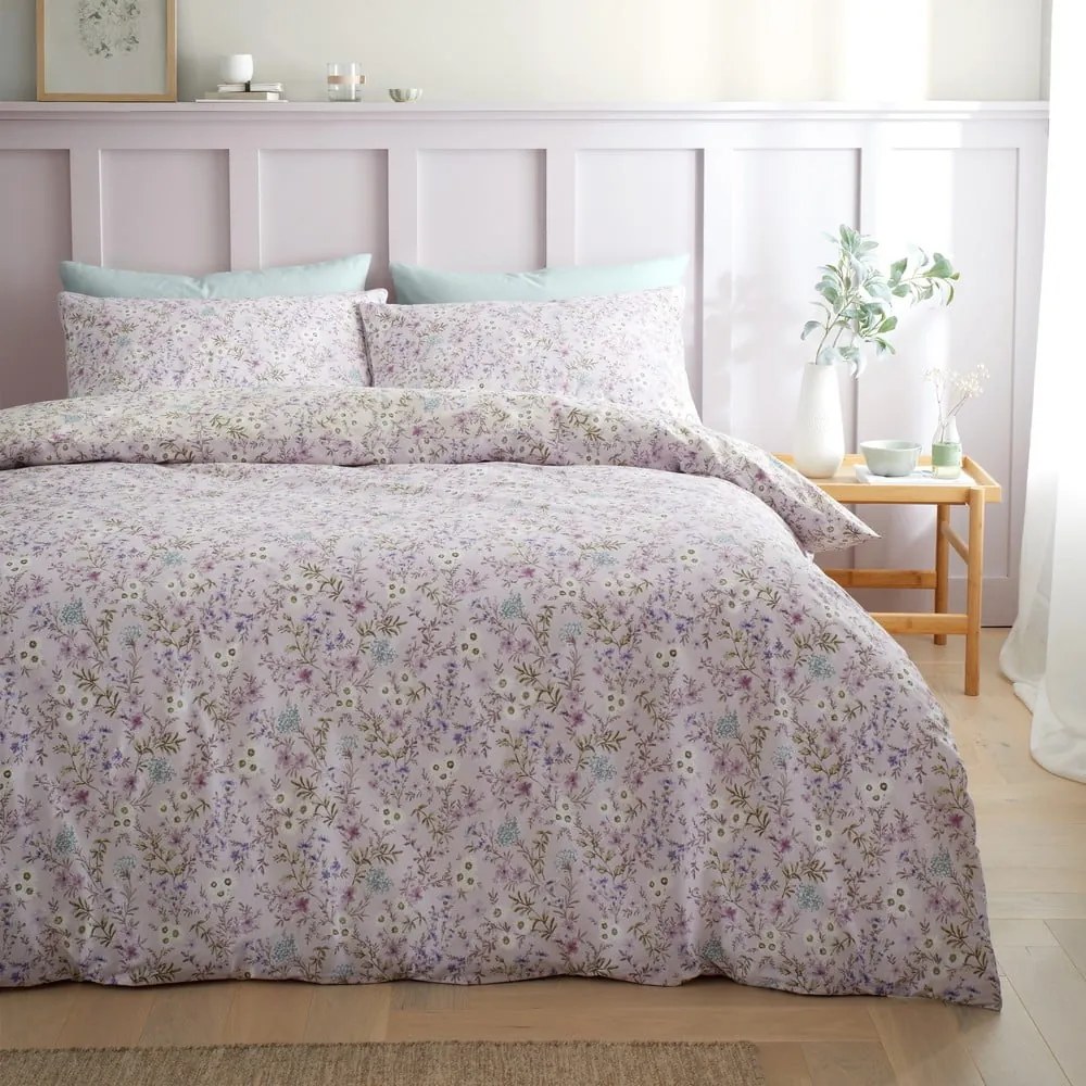 Lenjerie de pat mov lavandă-bej din bumbac pentru pat dublu 200x200 cm Ditsy Floral – Bianca