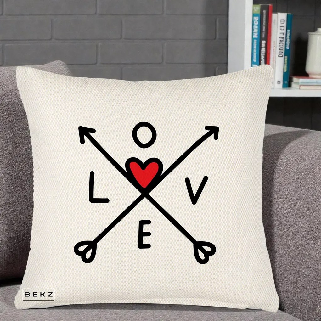 Perna Decorativa Love cu Sageti Incrucisate si Inima Rosie, 40x40 cm, Crem Reliefat, Husa Detasabila, Perna Inclusa, BEKZ®