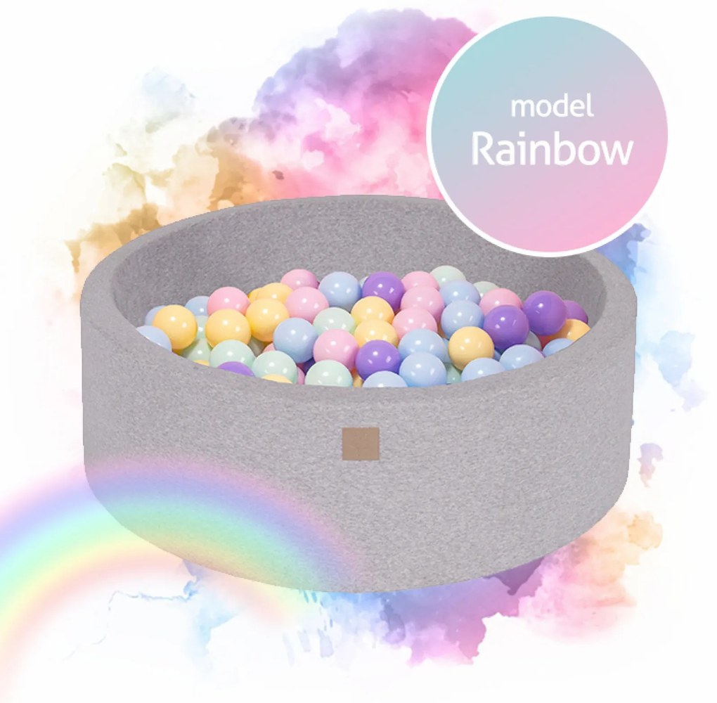 Piscina uscata cu 250 de bile (Babyblue, Mint, Pastel roz, Lila) MeowBaby  , Rainbow, 90x30 cm, Gri deschis