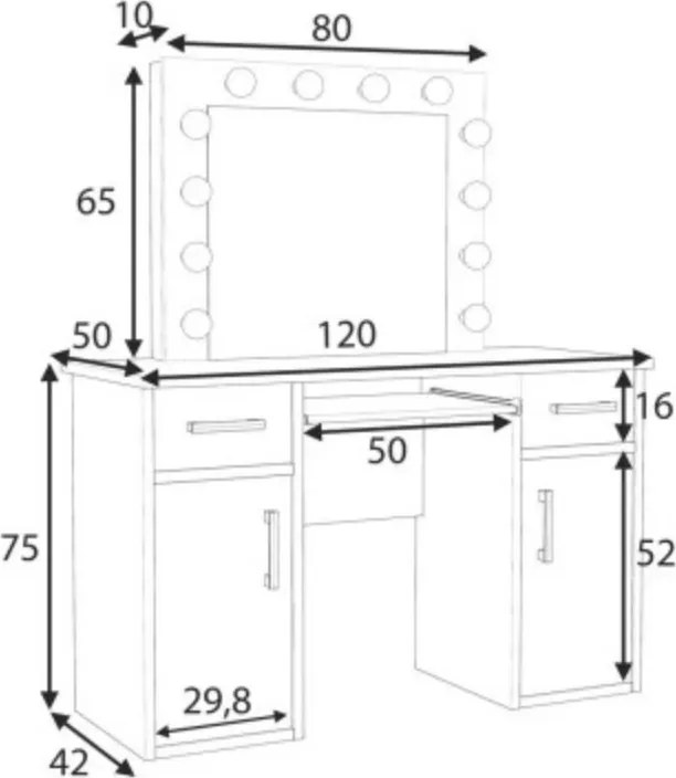 Masuta machiaj cu Oglinda LED si 2 Sertare pentru Cosmetice, Set Masa toaleta 120 cm, Alb, masuta cosmetica, vanity - SEA507