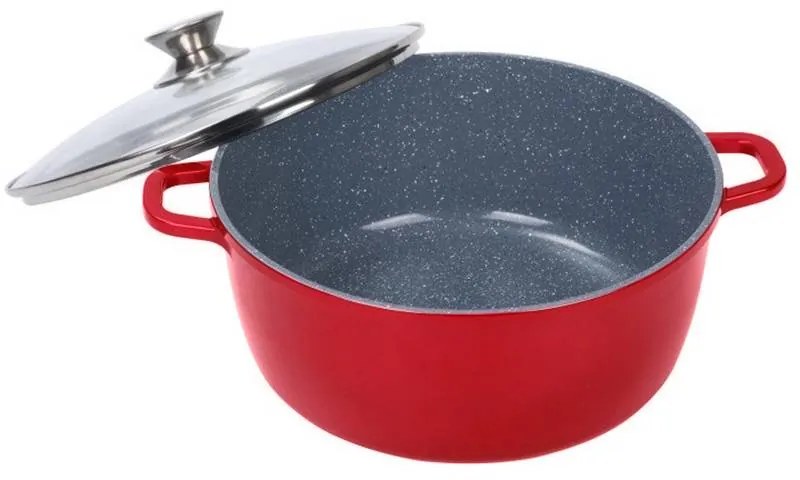 Cratiță din Aluminiu, 3 Litri, Termorezistentă, Interior din Granit (Anti-Aderent), Capac din Sticlă, Bază 3 Straturi (Inducție), Roșu