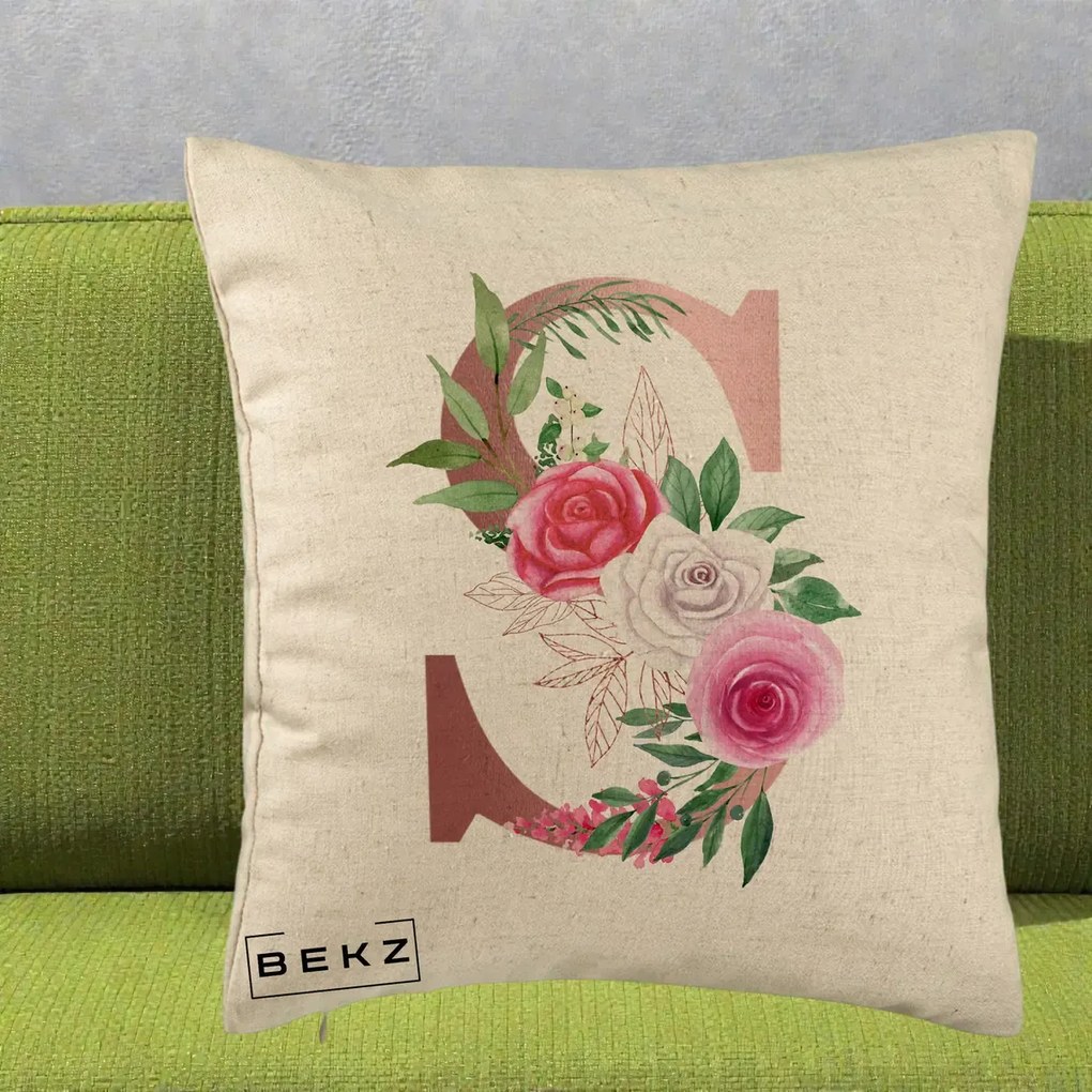Cadou Personalizat - Perna Personalizata Monograma Rose Gold Litera S, 40x40 cm, Bej, Husa Detasabila, Perna Inclusa, BEKZ®