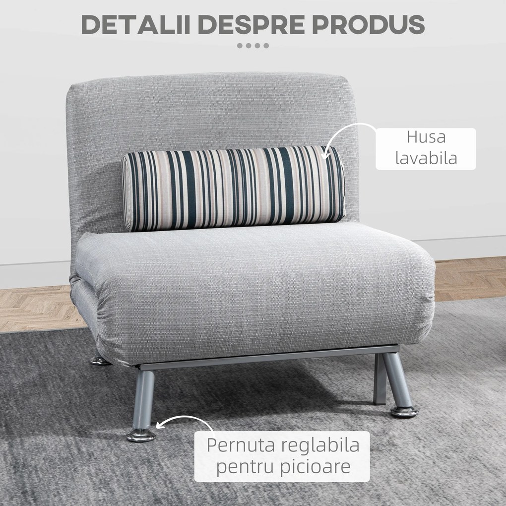 Fotoliu pat extensibil HOMCOM din Fier și Bumbac cu Pernă cu Dungi, Gri 75x70x75cm | Aosom Romania