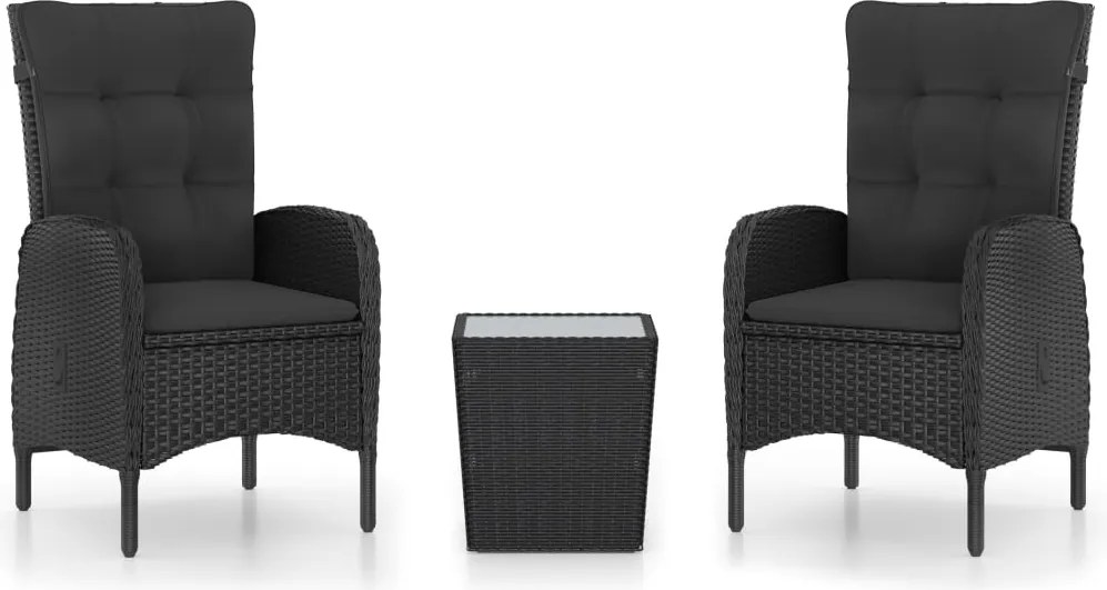 vidaXL Set mobilier grădină, 3 piese, negru, poliratan și sticlă