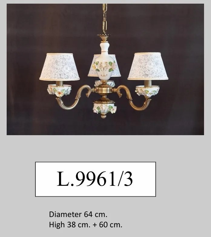 Lustra design italian cu 3 brate din alama si portelan colorat 9961