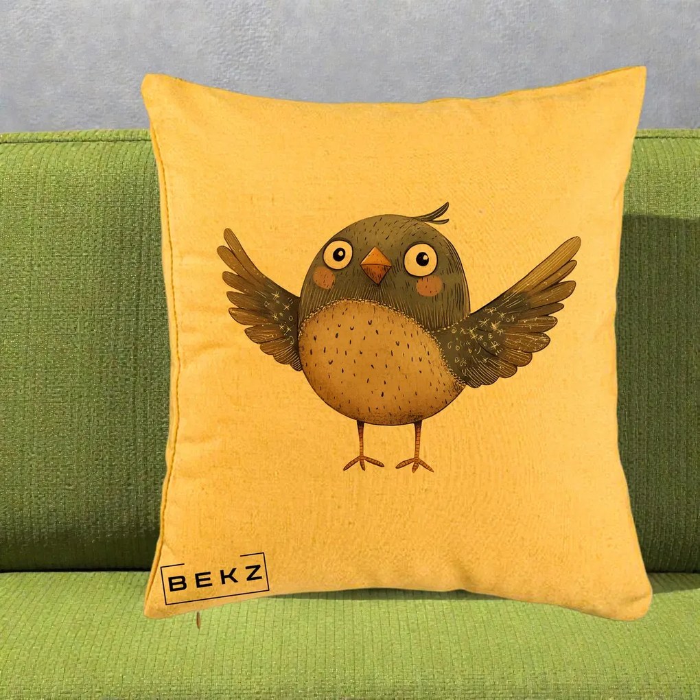Perna Decorativa Pasare cu Aripi Intinse, 40x40 cm, Galben, Husa Detasabila, Perna Inclusa, BEKZ®
