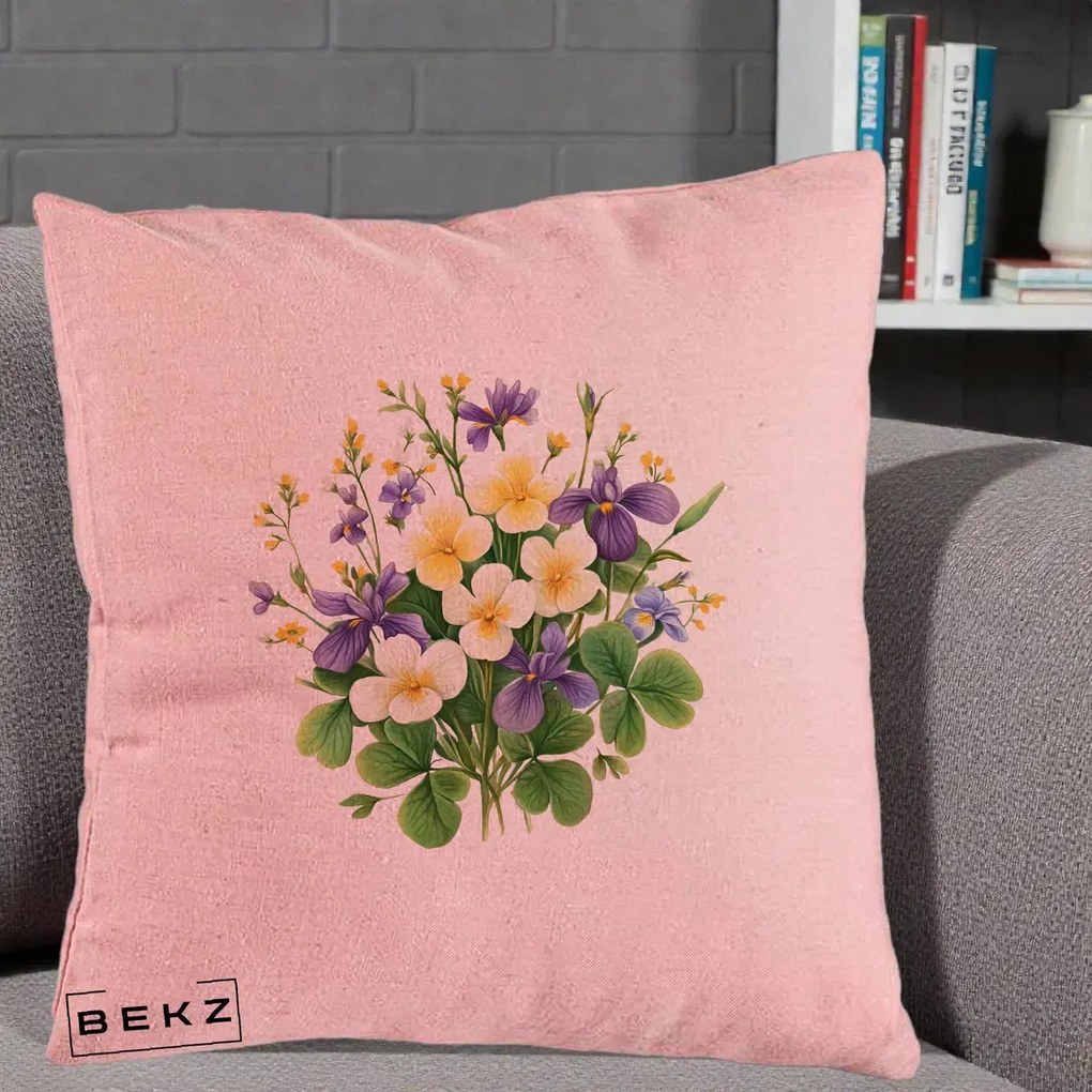 Perna Decorativa Viorele Iris Violet si Trifoi, 40x40 cm, Roz, Husa Detasabila, Perna Inclusa, BEKZ®