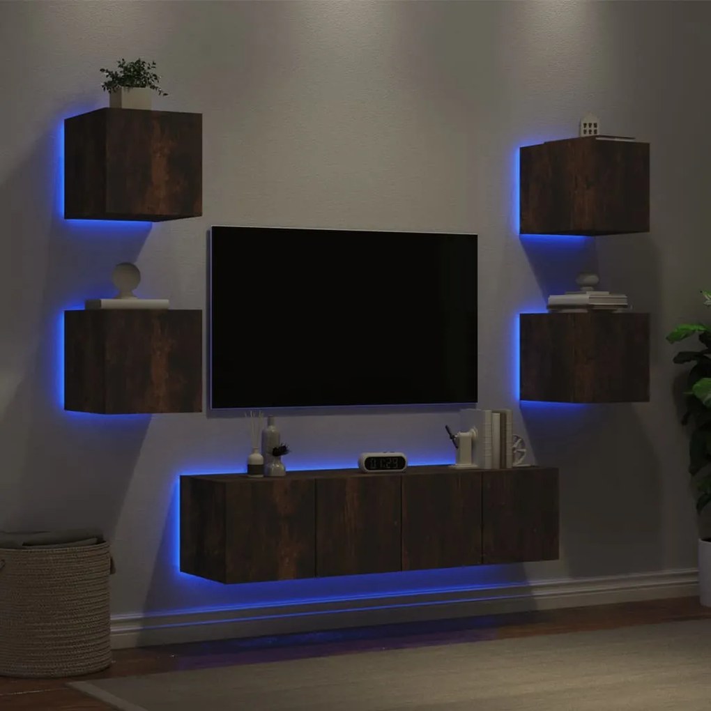 vidaXL Unități de perete TV cu LED-uri, 6 piese, stejar fumuriu, lemn