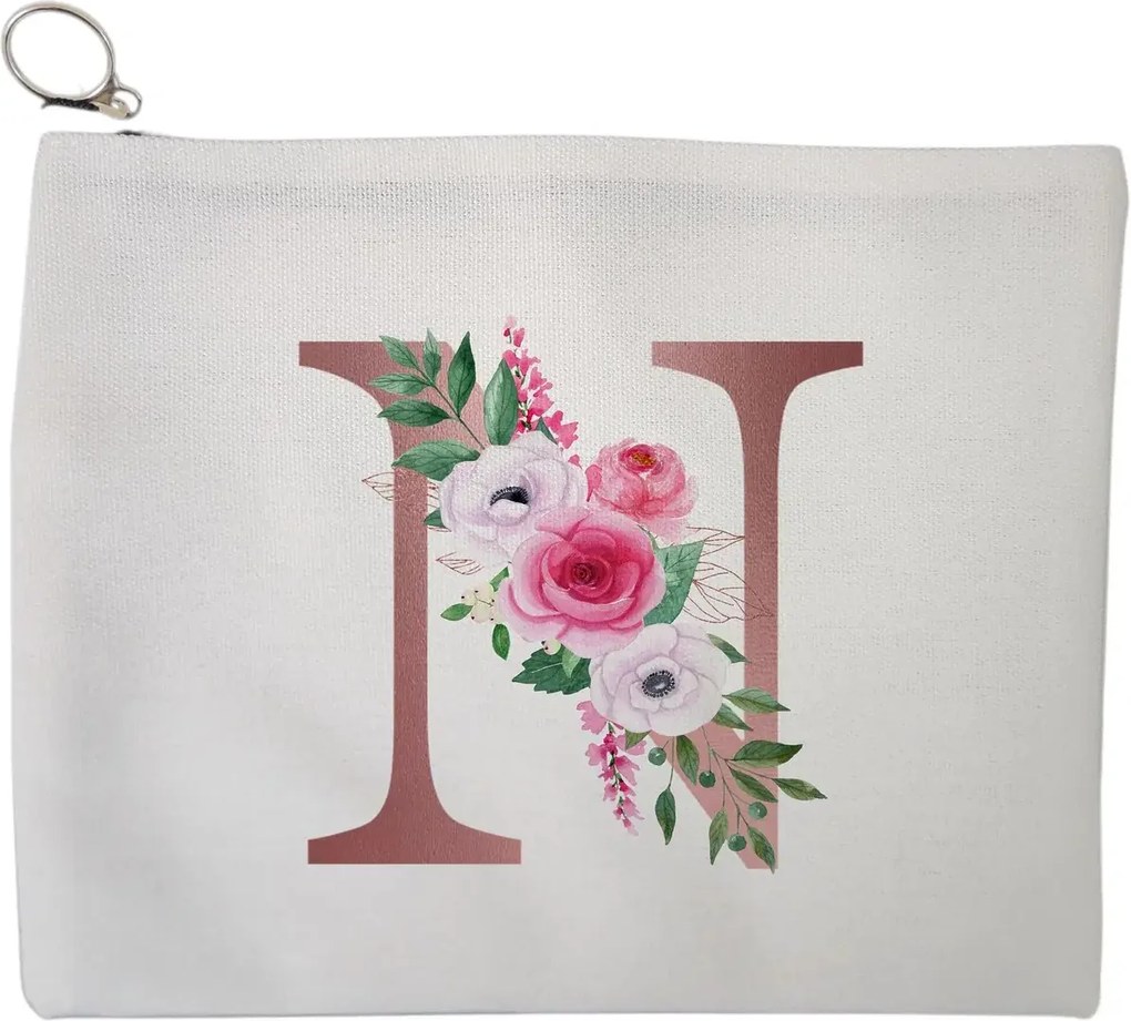 Portfard Cosmetice tip Plic, Cu litera N Rose Gold si Trandafiri, 23x18 cm, Alb, BEKZ®