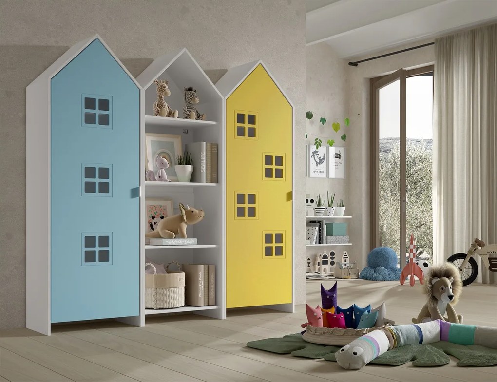 Set 3 dulapuri pentru copii Casami tip colibă de plajă – 1 deschis, 1 cu ușă Galben Strălucitor și 1 cu ușă Albastru – Vipack