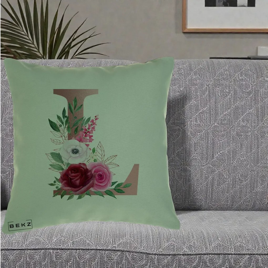 Cadou Personalizat - Perna Personalizata Monograma Rose Gold Litera L, 40x40 cm, Verde, Husa Detasabila, Perna Inclusa, BEKZ®