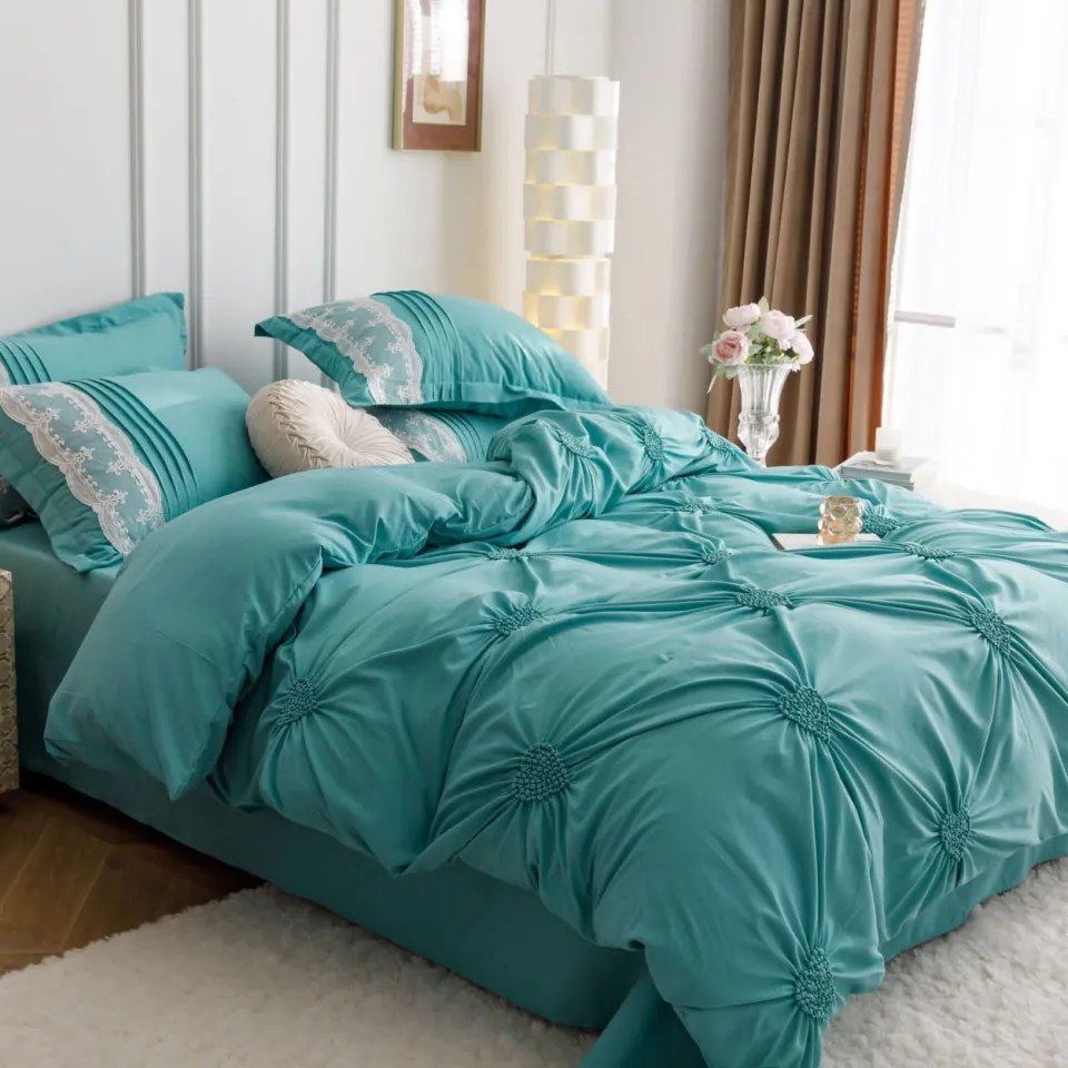 Lenjerie de pat uni cu pliuri si broderie, bumbac tip finet, 6 piese, pat 2 persoane, turquoise, FNJS-56