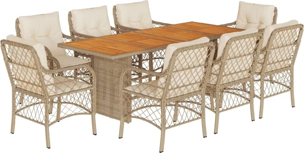 vidaXL Set de masă pentru grădină, 9 piese, cu perne, bej, poliratan