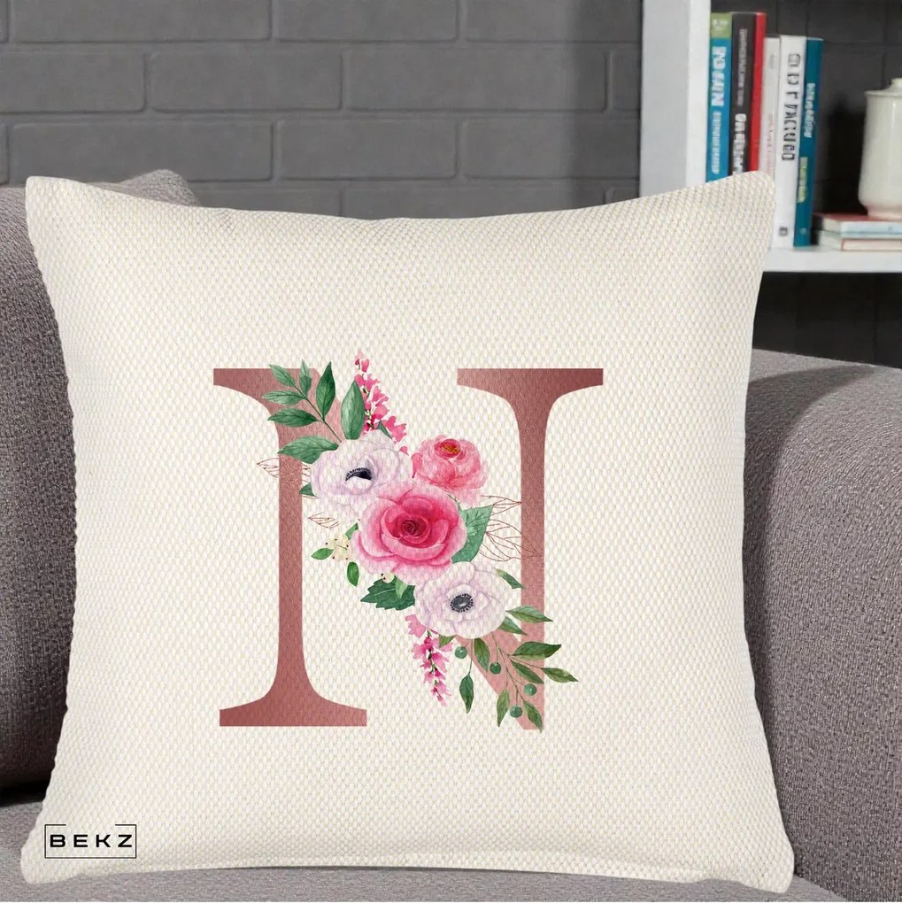 Cadou Personalizat - Perna Personalizata Monograma Rose Gold Litera N, 40x40 cm, Crem Reliefat, Husa Detasabila, Perna Inclusa, BEKZ®