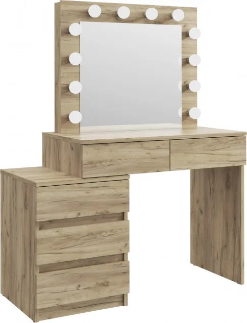 Masuta machiaj cu Oglinda LED si 5 Sertare pentru Cosmetice, Set Masa toaleta 112 cm, Stejar, masuta cosmetica, vanity - SEM510