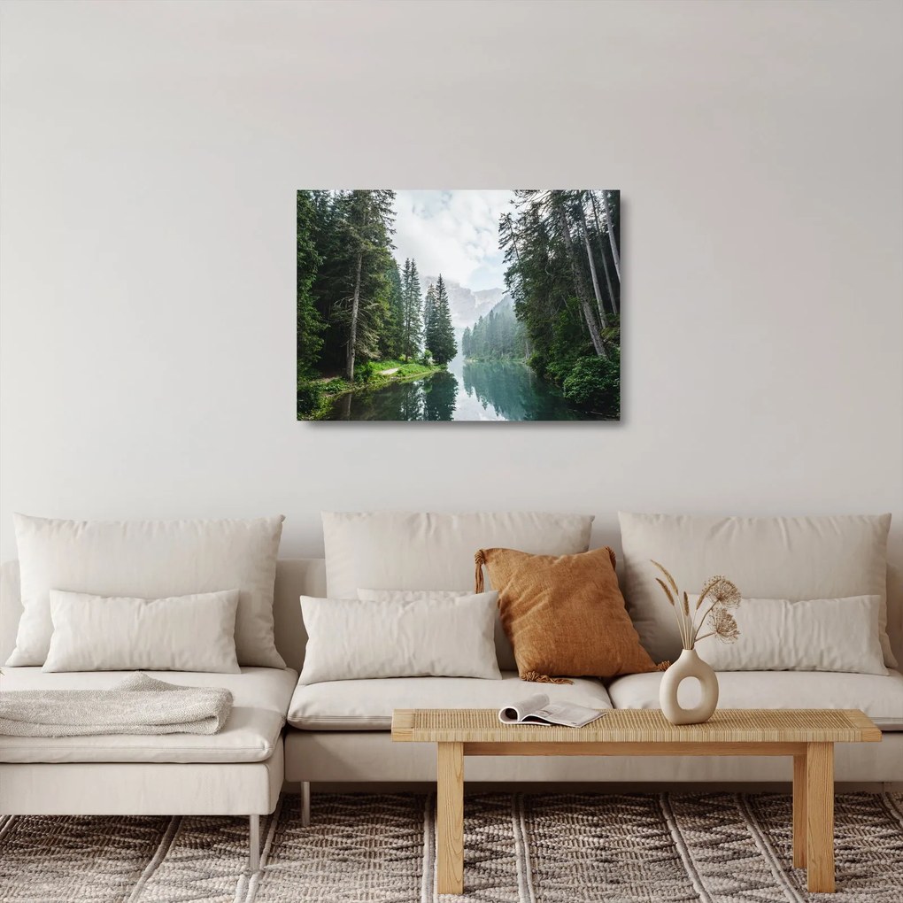 Tablou pe sticlă lacului în pădure (70x50 cm)