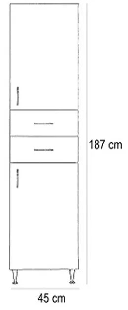 Dulap înalt Bianca Plus 45 cu 2 uși, 2 sertare, alb lucios, dreapta