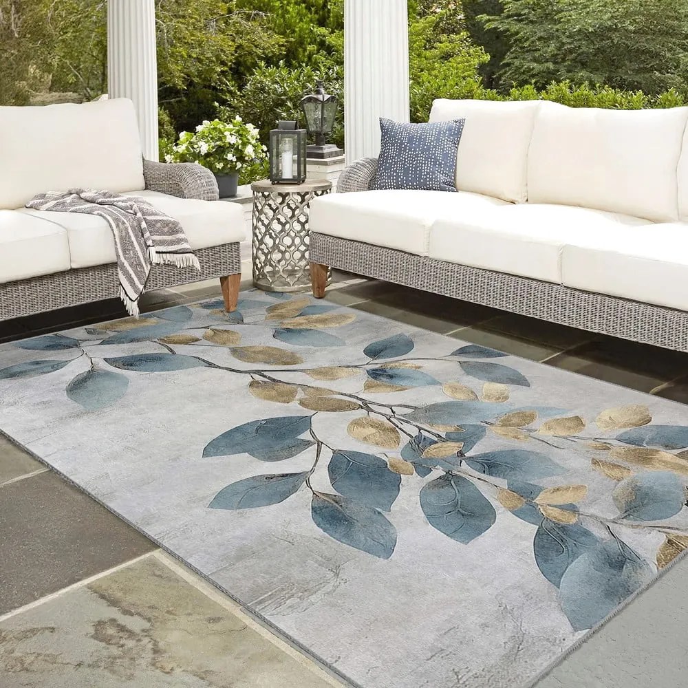 Covor albastru deschis/auriu lavabil 160x230 cm Golden Leaves – Mila Home