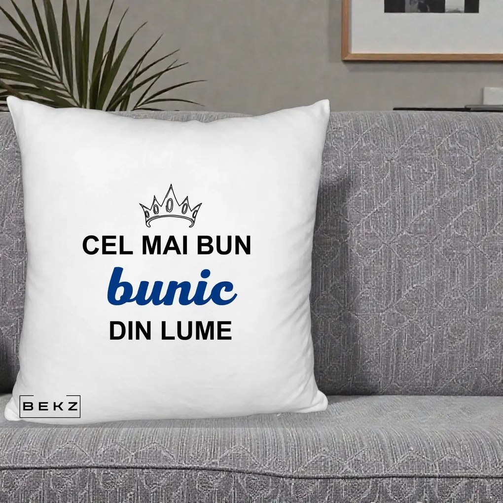 Cadou pentru Bunic - Perna Personalizata Cel Mai Bun Bunic Din Lume Coroana Albastra, 40x40 cm, Alb Pufos, Husa Detasabila, Perna Inclusa, BEKZ®