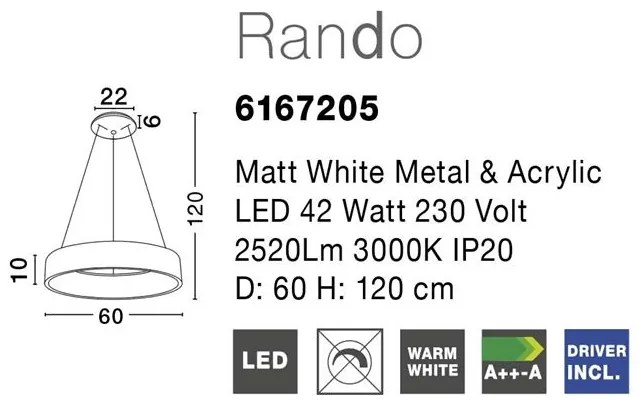 Lustra moderna suspendata LED 3000K 60cm RANDO alb NVL-6167205