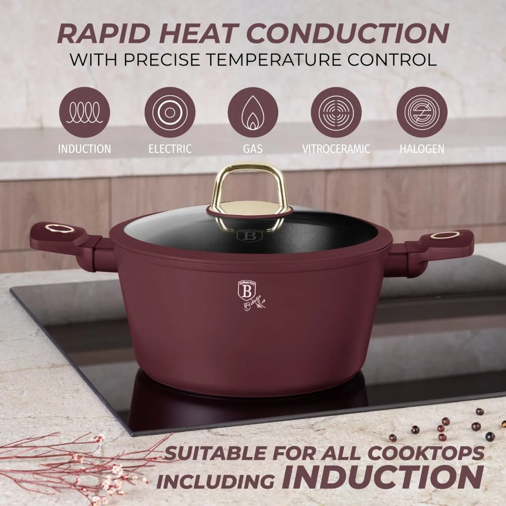 Set de oale si tigai cu capace, 15 piese Leonardo Collection Berlinger Haus BH 8051NN, antiaderente, strat titan, visiniu mat, inductie, design