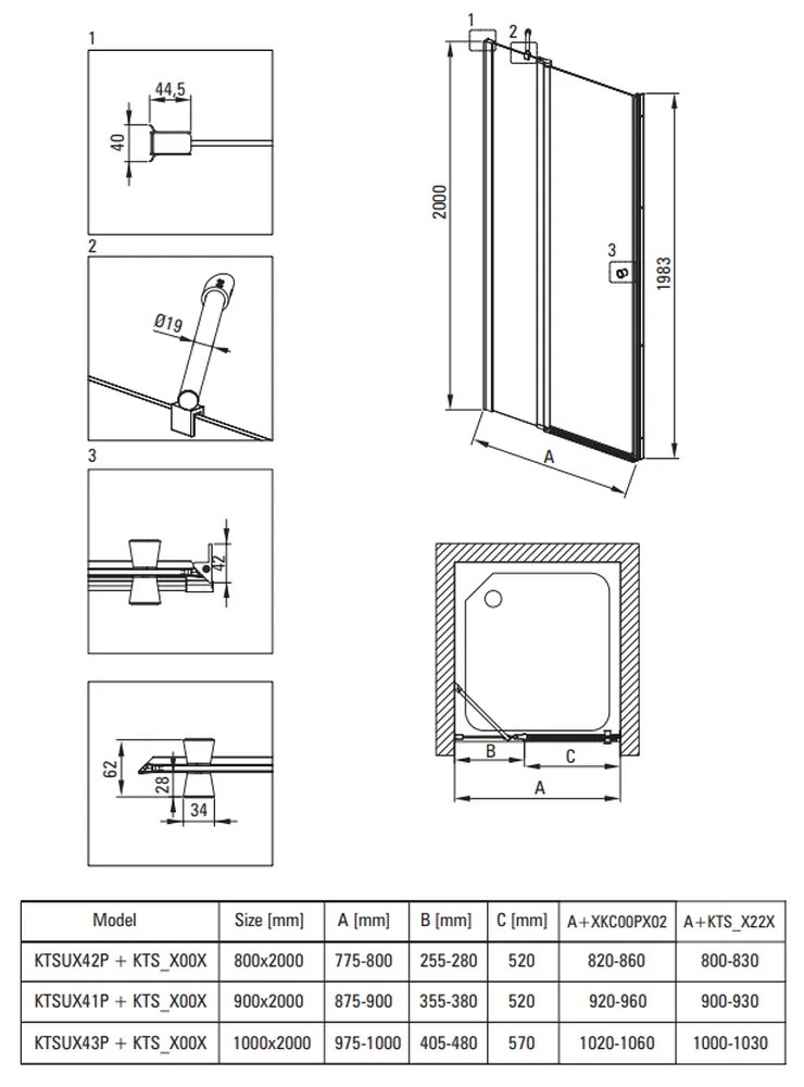 Usa sticla dus batanta 90x200 cm profil crom Deante Kerria Plus 900x2000 mm, Crom lucios