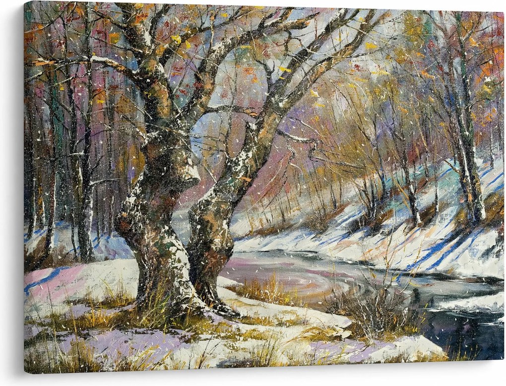 Tablou cu peisaj de iarnă pictat (70x50 cm)