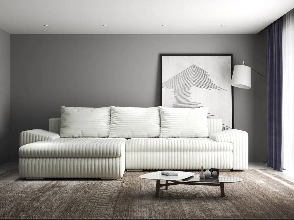 Colțar extensibil dumonde cu ladă de depozitare si sezut confortabil din spuma high-density, Leonardo Ambience Ivory 260x185 cm