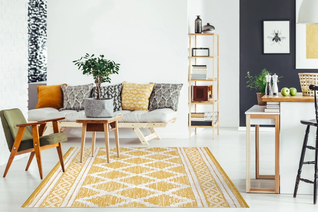 Covor ECO SISAL BOHO MOROC Caro 22297 franjuri - două niveluri de lână galben / cremă, covor reciclat