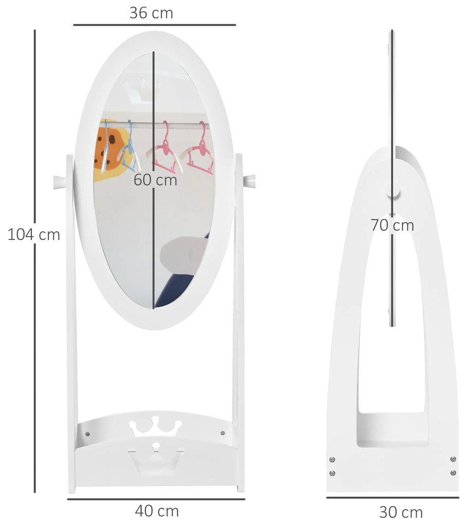 Oglinda pentru Dormitorul copiilor Pivotanta , Oglinda de Podea pentru Copii din Lemn Alb cu Raft de Depozitare 40x30x104cm | Aosom RO