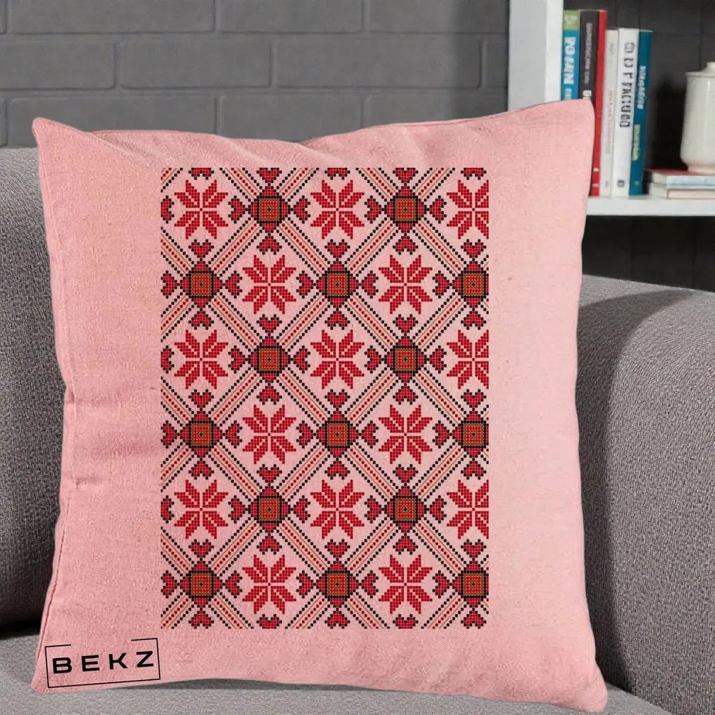 Perna Personalizata Motiv Traditional Ie Romaneasca Rosu, 40x40 cm, Roz, Husa Detasabila, Perna Inclusa, BEKZ®