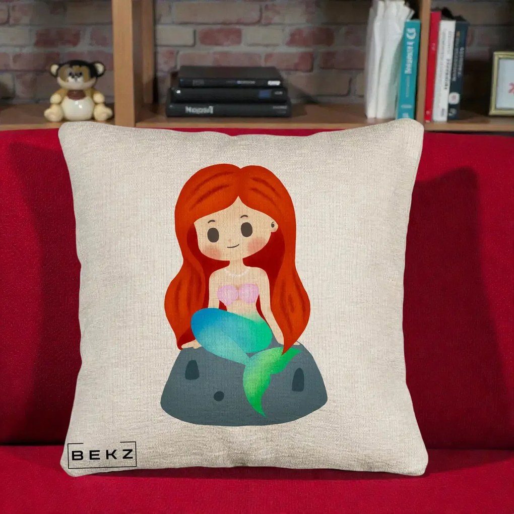 Perna Personalizata Sirena Kawaii Roscat, 40x40 cm, Bej Canapea, Husa Detasabila, Perna Inclusa, BEKZ®