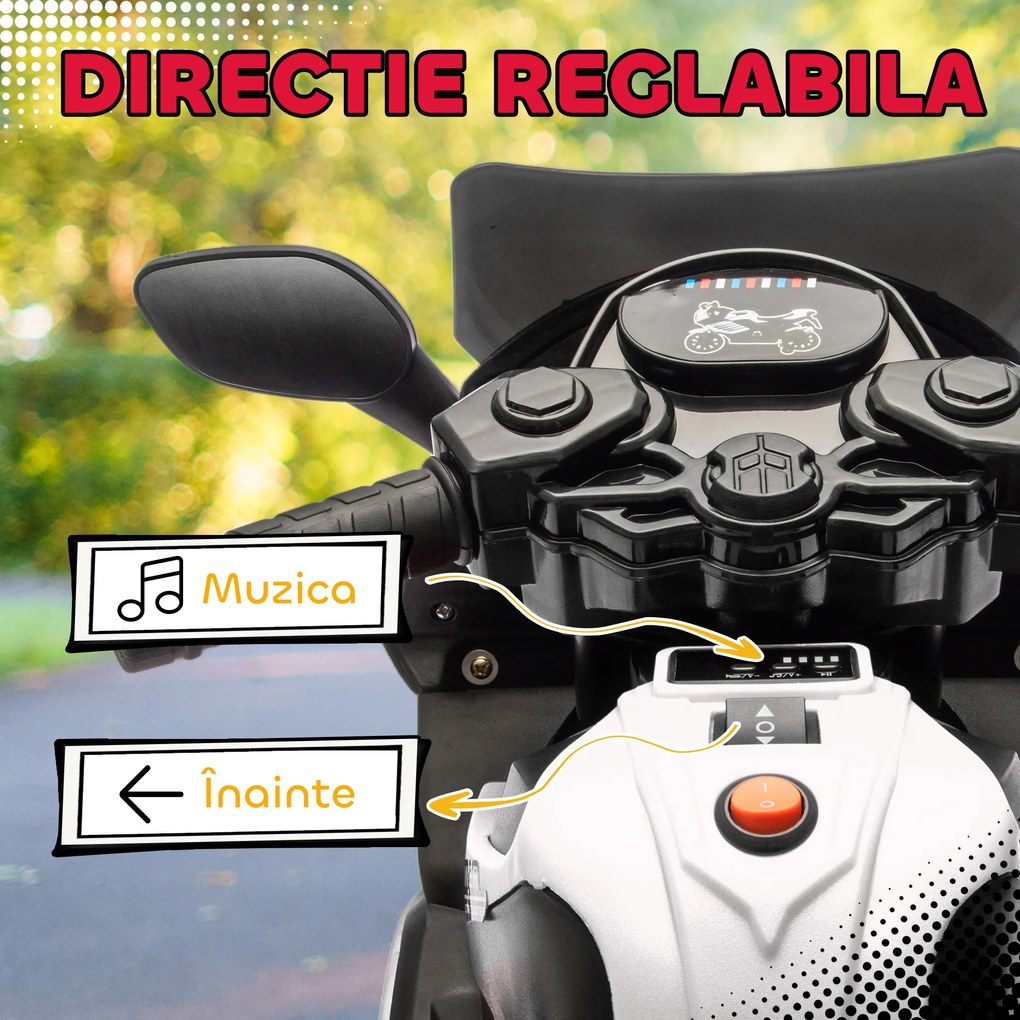 AIYAPLAY Motocicletă electrică pentru copii 18-36 luni, 6V, cu roți detașabile, faruri și muzică, albă | Aosom Romania