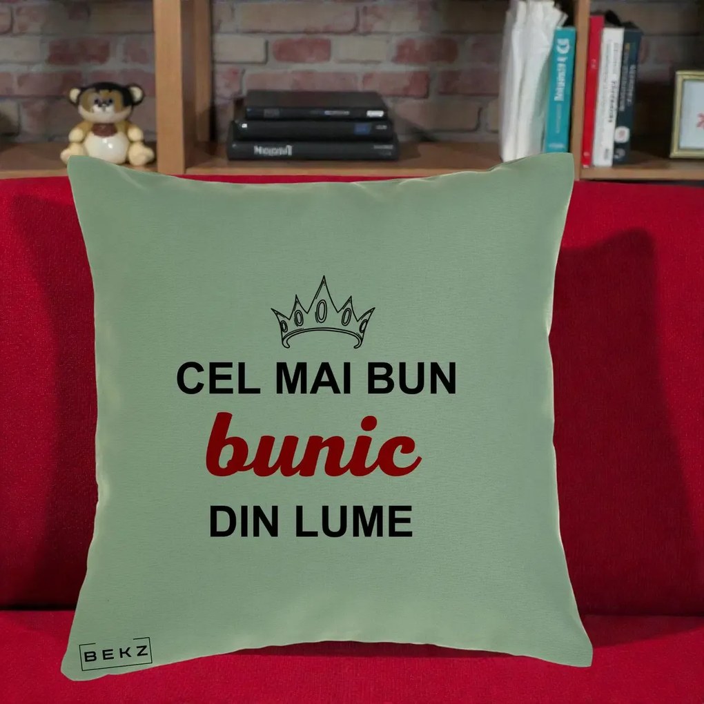 Cadou pentru Bunic - Perna Personalizata Cel Mai Bun Bunic Din Lume Coroana Rosu, 40x40 cm, Verde, Husa Detasabila, Perna Inclusa, BEKZ®