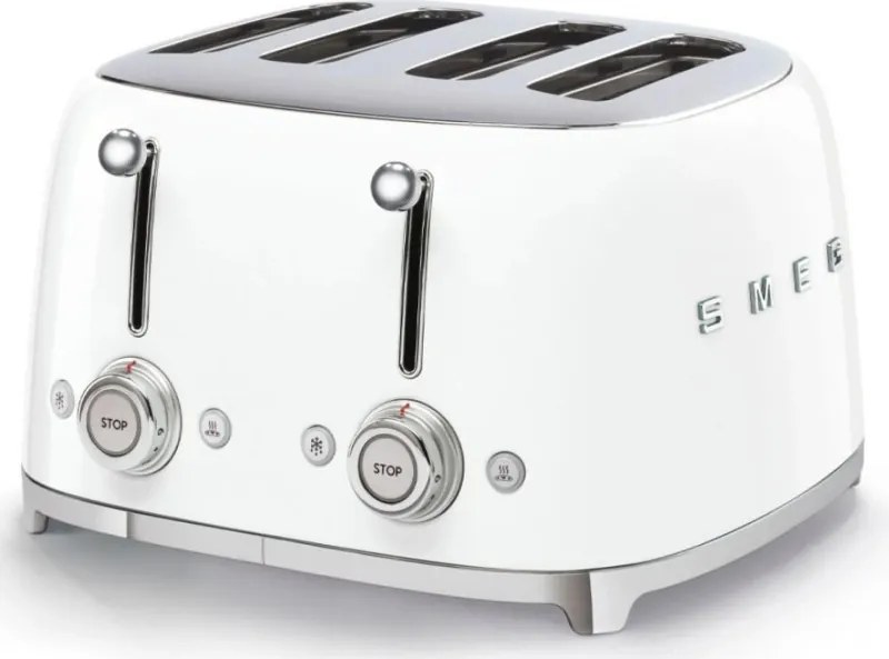 Prăjitor de pâine SMEG 50's Style TSF03WHEU, 2000 W, 4 felii, 6 niveluri, Tava pentru firimituri, Cablu integrat, Oțel inoxidabil, Alb