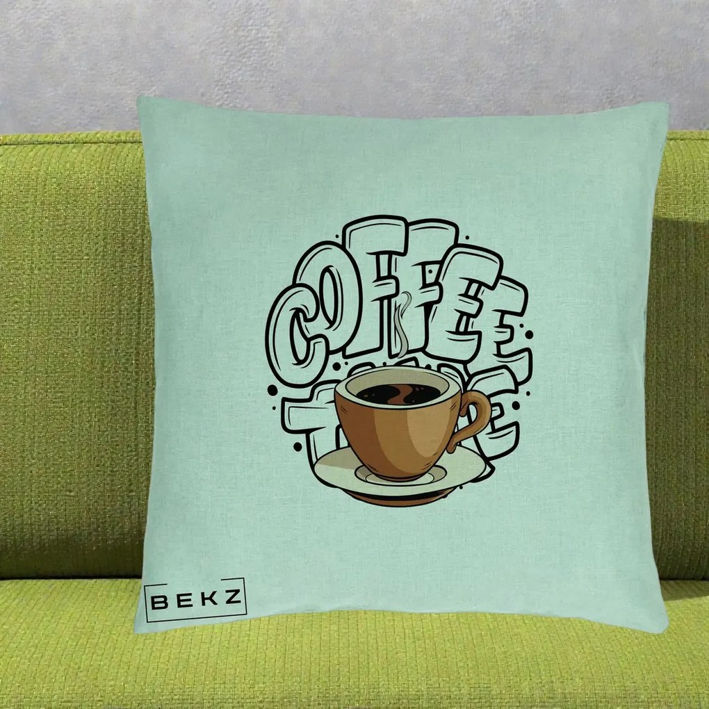 Perna Personalizata COFFEE cu Cana, 40x40 cm, Verde Menta, Husa Detasabila, Perna Inclusa, BEKZ®