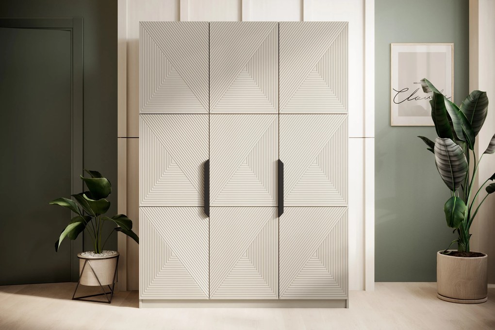 Dulap Asha 150 cm cu trei uși cu mânere metalice - cașmir / mânere negre