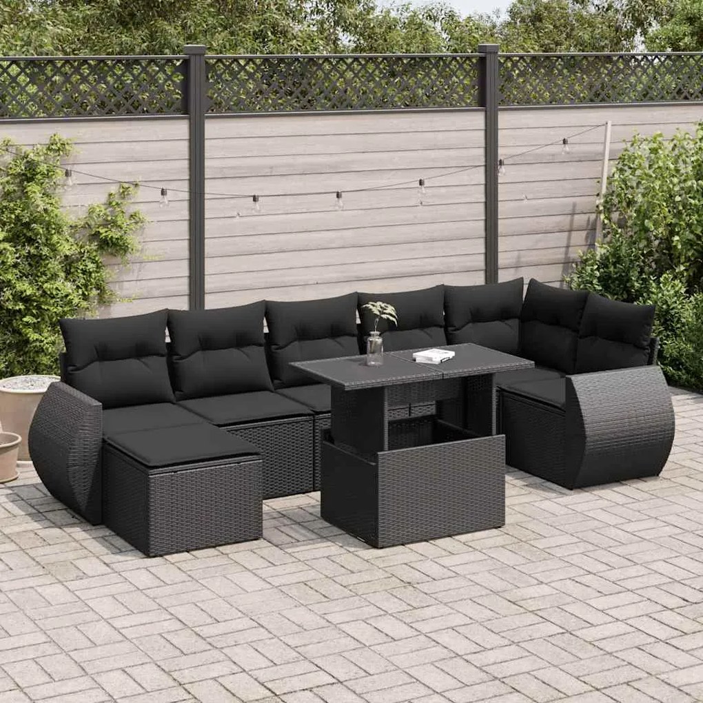 3326676 vidaXL Set mobilier de grădină cu perne, 8 piese, negru, poliratan