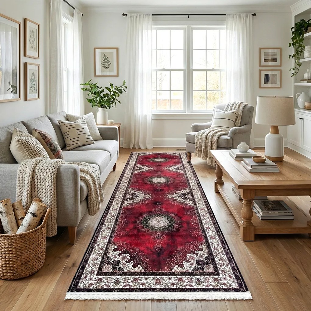 Traversa hol antiderapanta, 80x300 cm, model clasic oriental rosu