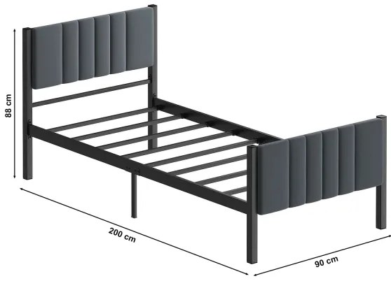 Pat metalic individual LUNOR 90 x 200 cm, antracit, capacitate de încărcare 120 kg