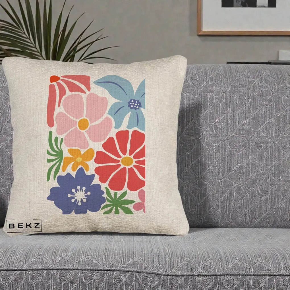 Perna Decorativa Flori Grafice Roz-Rosu-Albastru, 40x40 cm, Bej Canapea, Husa Detasabila, Perna Inclusa, BEKZ®