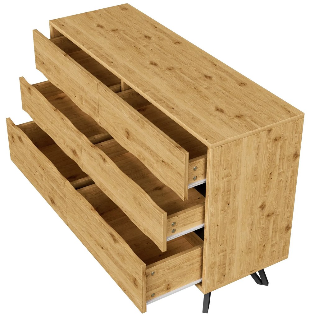 Comodă cu 6 sertare, picioare metalice, mult spațiu de depozitare, 120x40x75,5 cm, Culoare naturală