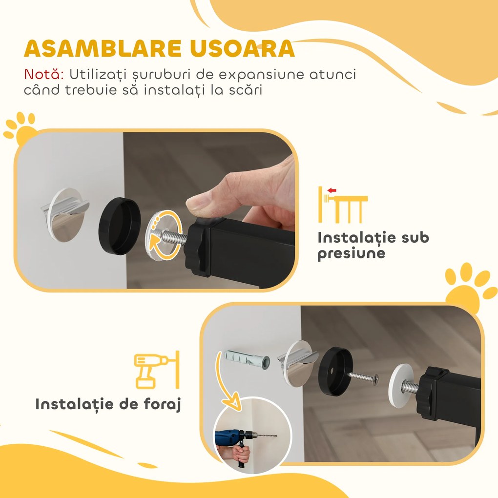 PawHut Poartă pentru Câine Extensibilă cu Deschidere Amplă, Poartă de Siguranță din Oțel și Plastic, 76-107x76 cm, Negru | Aosom Romania