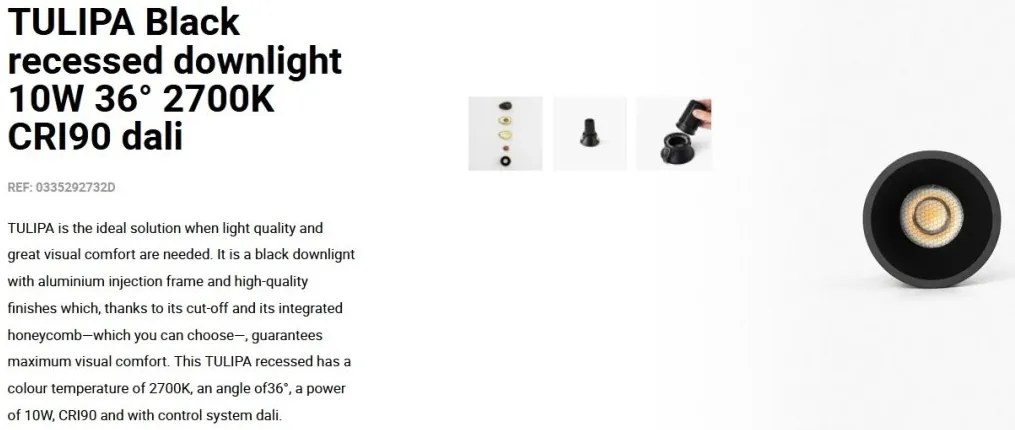 Spot LED incastrabil TULIPA Black recessed downlight 10W 36° 2700K CRI90 dali