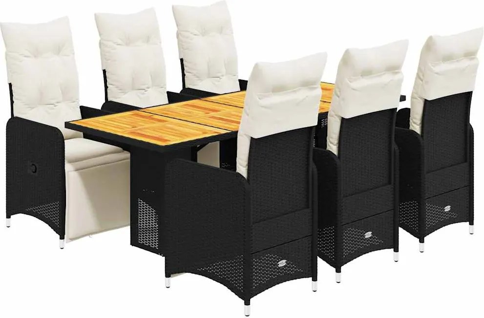 vidaXL Set bistro de grădină, 7 piese, cu perne, negru, poliratan