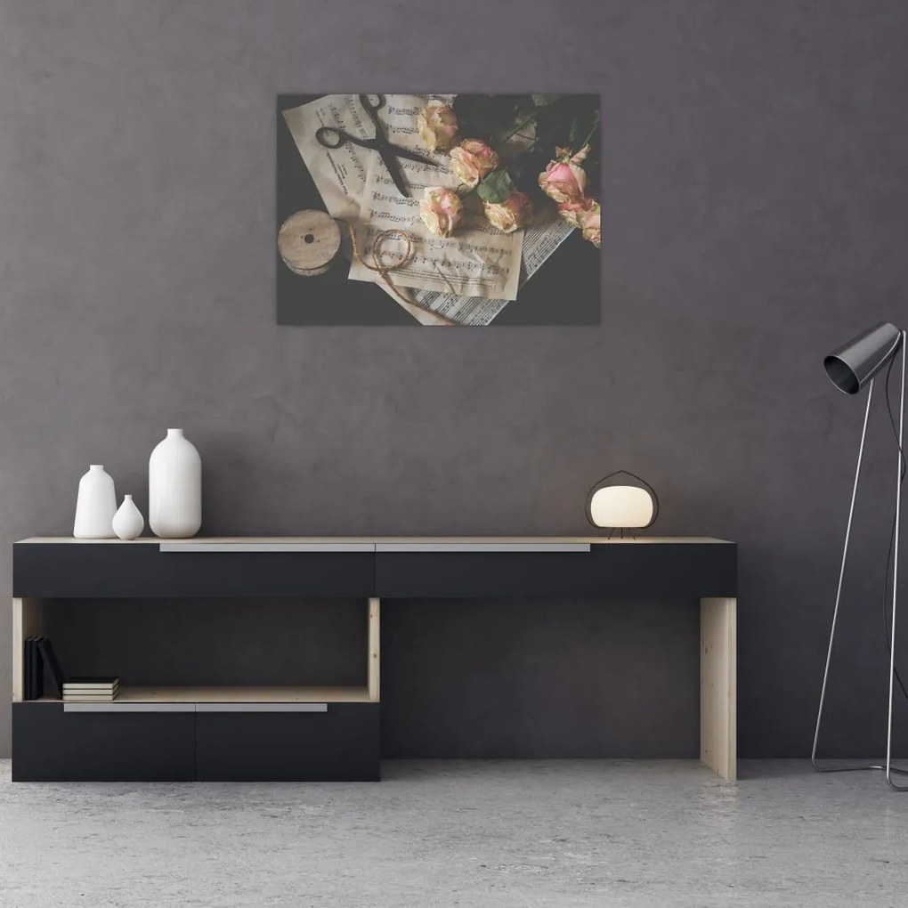 Tablou cu note muzicale și trandafiri (70x50 cm)