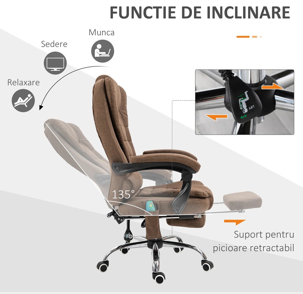 Vinsetto Scaun cu masaj de birou, cu 6 Puncte de Vibrație și Încălzire, Scaun Birou Reglabil pe Înălțime, 65x70x111-119 cm, Maro | Aosom Romania