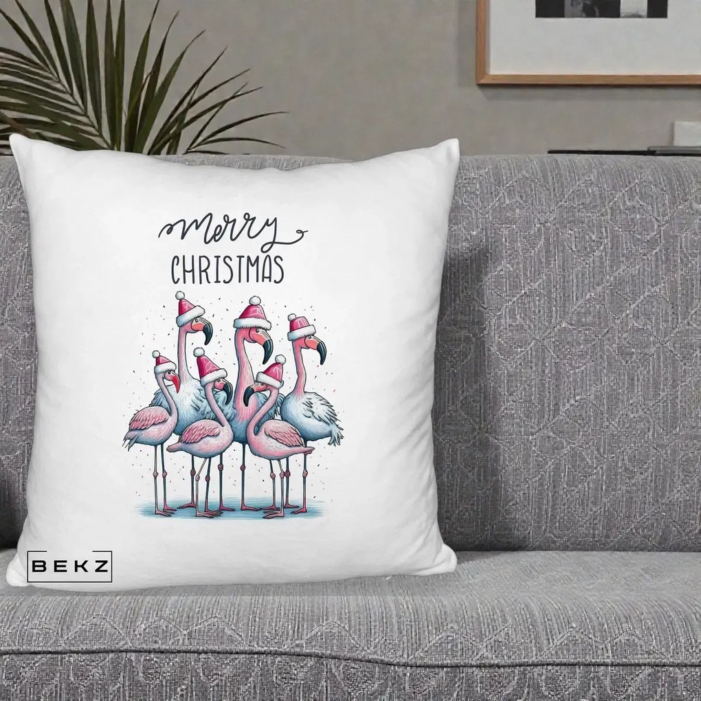 Perna Decorativa Flamingo Merry Christmas, 40x40 cm, Alb Pufos, Husa Detasabila, Perna Inclusa, BEKZ®